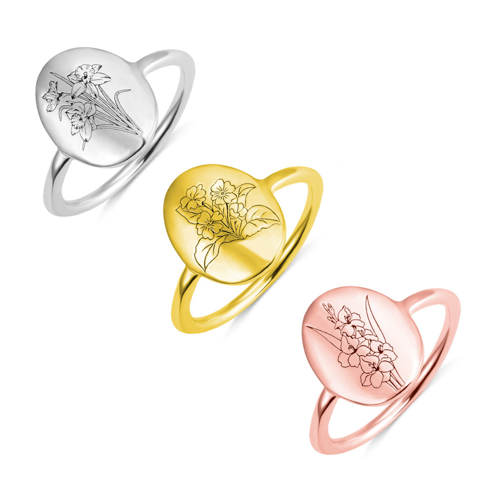 Geboortemaand Bloemboeket Ring-Sierlijke Geboorte Bloem Ring-Bloemen Zegel Ring-Gepersonaliseerde Geboorte Bloem Ring-Verklaring Ovale Ring-Gift voor Mama Sieraden Ringen Zegelringen 