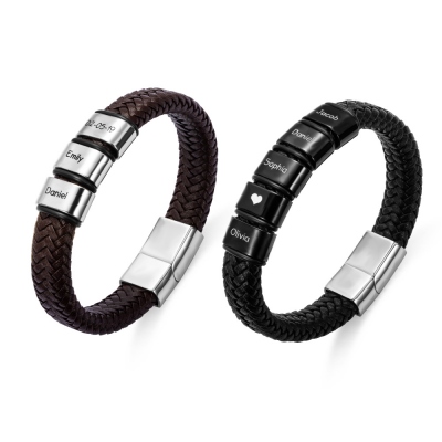 Bracciale Uomo In Pelle Intrecciata Con Pietra Portafortuna Personalizzabile - Regalo Personalizzato Con Nome E Mese - 21 Cm