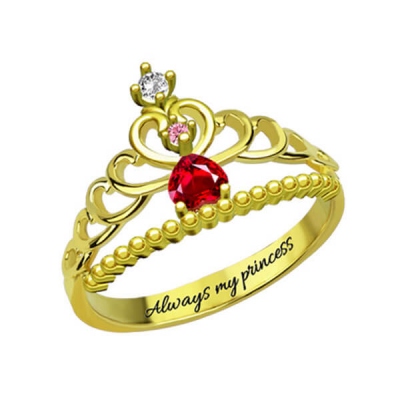 Fairytale Princess Tiara Birthstone Engraved Ring Gold Plated