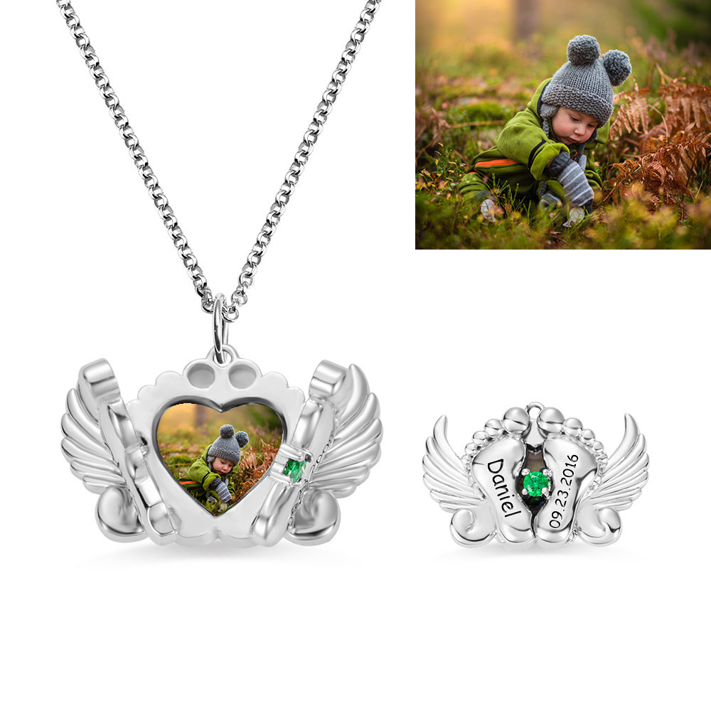 Personalized Angel Wing Heart Name Necklace Sterling Silver Simulated Birthstone Baby Feet Heart Necklace Jewelry Gifts For Women