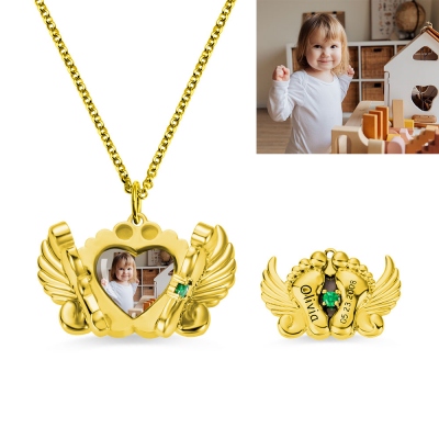 Personalized Photo and Name Angel Wing Feet Necklace in Gold