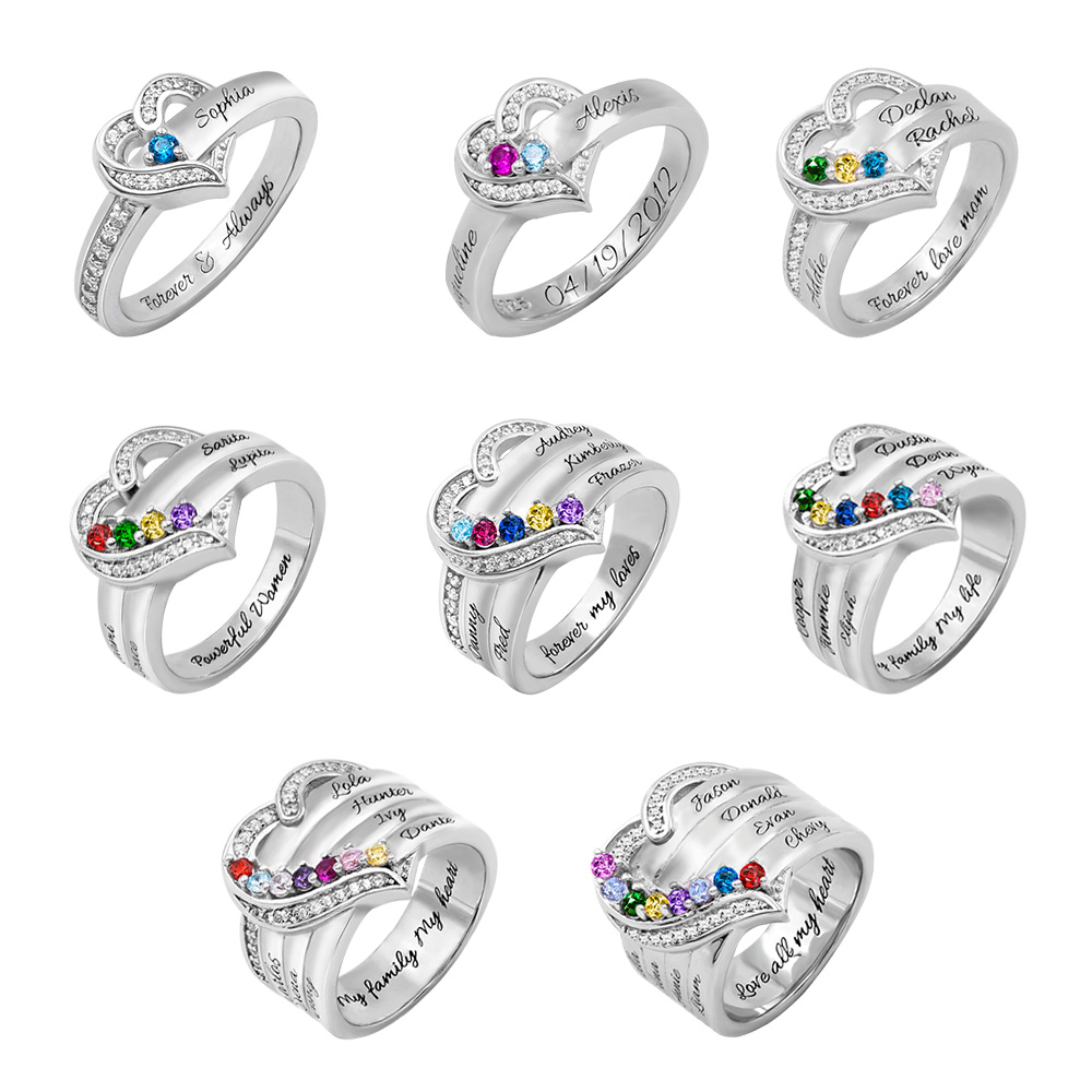 Customized Hearts and Birthstones Family Ring
