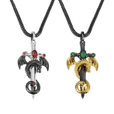 Sword Necklace with Cross and Dragon Birthstone Pendant