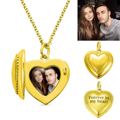 Personalized Heart Photo Necklace with Engraving in Gold