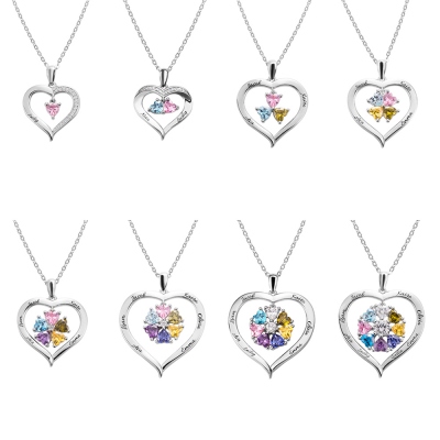 Personalized Heart Birthstone Necklace with Engraving in Silver