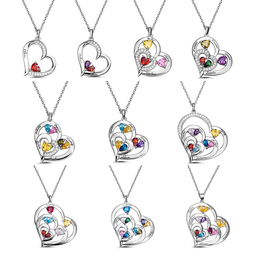 Heart-shaped Birthstone Family Necklace with Customized 1-10 Names
