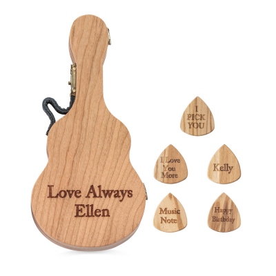 Personalized Wood Guitar Pick Box with Picks