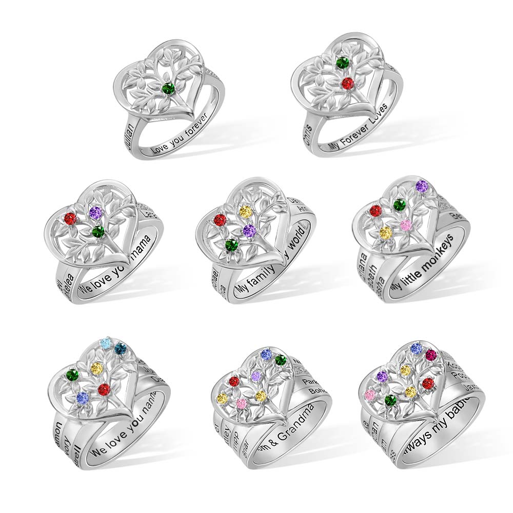 Personalized Family Tree Heart-Shaped Ring with Birthstones
