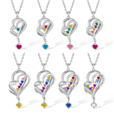 Double Love Heart Necklace with Custom 1-8 Birthstones & Names