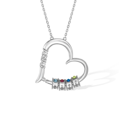Personalized Birthstone Necklace with Heart Pendant & Name Charms for Mom