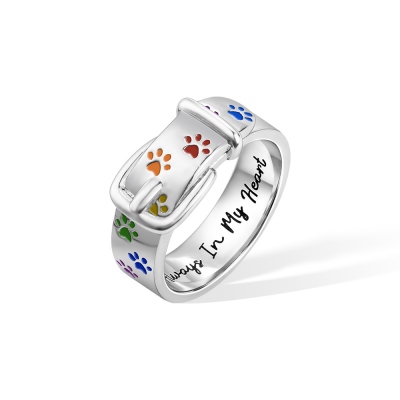 Custom Collar Ring with Rainbow Paw Print, Sterling Silver/Brass, Memory Pet Ring for Pet Lover