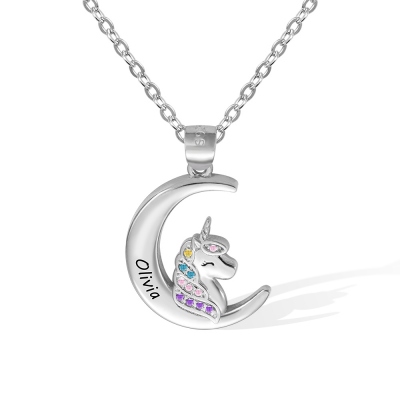 Unicorn Necklace with Personalized Name, Silver Crescent Moon Pendant Heart Locket Necklaces Gift to Daughter, Granddaughter, Niece, Unicorn Jewelry for Girls