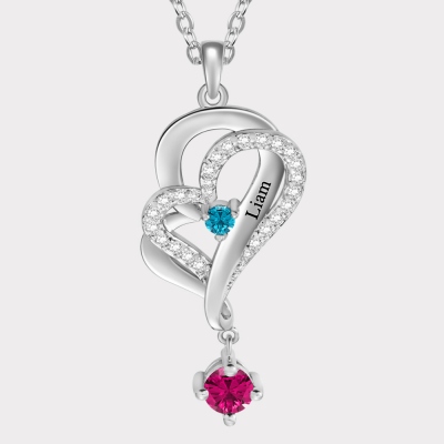 Custom 1 Birthstone & Name Double Love Heart Necklace