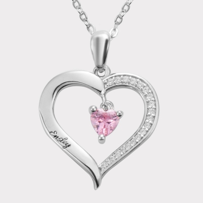 Personalized 1 Heart Birthstone Necklace with Engraving in Silver