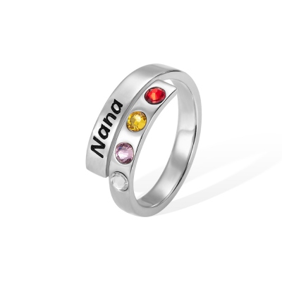 Personalized Birthstone Wrap Ring Stacking Ring with Name, Adjustable Rings for Grandma/Mom/Nana/Mimi/Oma/Gigi