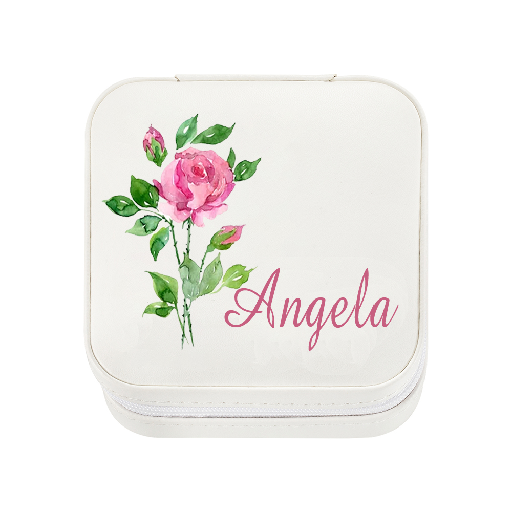 Jewelry Travel Case with Birth Flower, Custom Name White Jewelry Box for Earrings, Rings, Necklaces, Bracelet, Gifts for Bridesmaid/Girls/Mothers