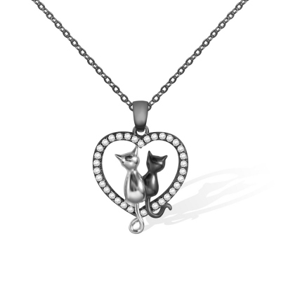 Collier pendentif chat personnalisé, collier coeur d'amour avec deux chats, collier chat en argent sterling, cadeau pour petite amie/femme/mère