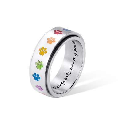 Personalized Rainbow Pawprint Spinner Ring Stainless Steel Anxiety Ring for Pet Lover, Fidget Ring, Pet Remembrance, Gift for Dog Mom