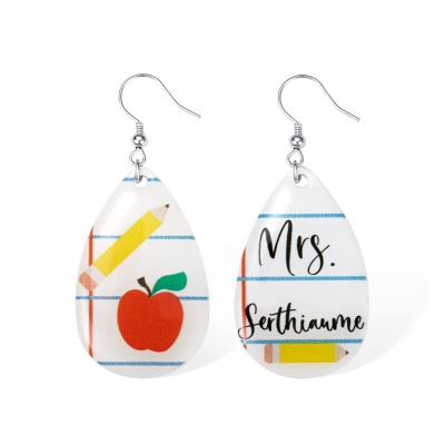 Personalized Teacher Earrings, Teacher Apple Earrings with Pencil & Notebook Pattern, Student Gift for Teacher Appreciation Thank You Gift