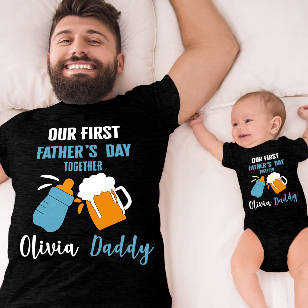 Custom Name Parent-child Shirt, Our First Father's Day Together 2022 Shirt, Cotton Shirt, Birthday/Father's Gift for Dad/Grandpa