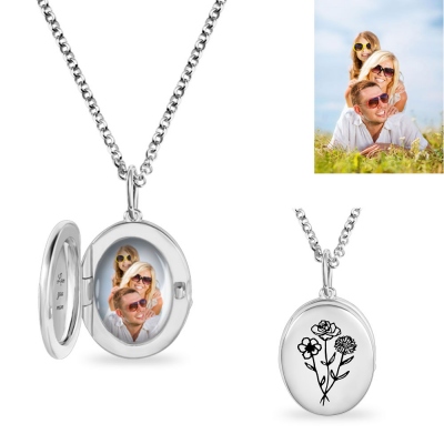 Personalized Photo Locket Necklace with 1-4 Birth Flowers, Silver/Brass Necklace, Birthday/Mother's Day Gift for Mom/Girlfriend/Grandma