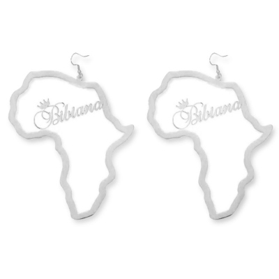 Personalized Name Africa Map Earrings, Custom Hoop Earrings with Crown Name, for Christmas/Birthday/Ethnic/Valentine Gift