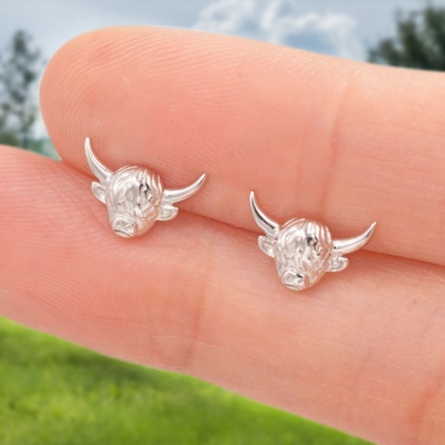 Highland Cow Stud Earrings, Sterling 925 Silver Cute Animal Bull Earrings, Scotland Jewelry Gifts for Women/Girls