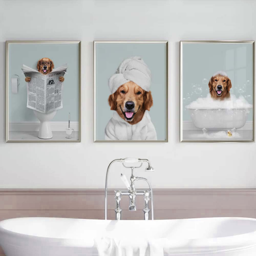 Conjunto de 3 retratos personalizados para animais de estimação, retrato engraçado de cachorro ou gato, animal de estimação na banheira, cachorro no banheiro, arte do banheiro do animal de estimação, presente personalizado para mãe de cachorro