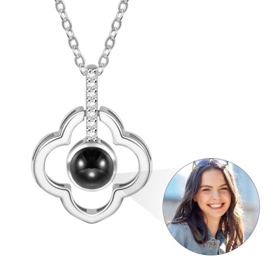 Custom Photo Projection Necklace, Sterling Silver Four-leaf Clover Pendant with I Love You in 100 Languages, Birthday Gift for Mom/Wife/Grandma/Friend