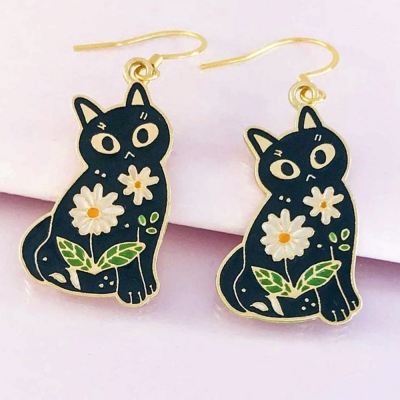 Cat Daisy Flower Earrings, Enamel Cat Mom Earrings, Birthday/Thank You/Mother's Day/Christmas Gift for Mother/Sister/Girlfriend/Friends/Pet Lovers