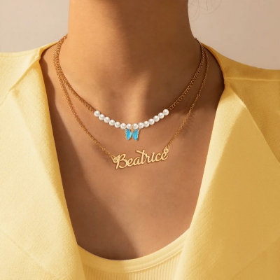 Custom Pearl Name Necklace with Butterfly Charm, Multi-layered Gemstone Butterfly Choker,  Jewelry Gift for Mom/Girlfriends/Wife/Daughter/Friends