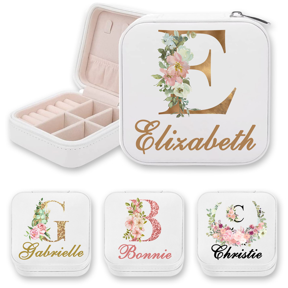 Initial & Name Jewelry Box with Flowers, Jewelry Travel Case, Portable Jewelry Box, Jewelry Organizer, Gift for Bridesmaids/Mom/Girlfriend