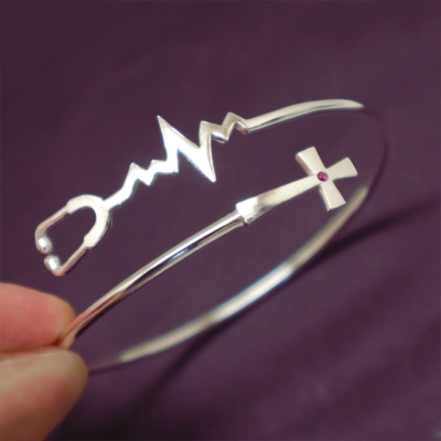 Nursing Stethoscope Cross Bracelet, Sterling Silver 925 Cross Bracelet with Birthstone, Nurse Inspirational Jewelry, Gift for Christian/Mom/Daughter