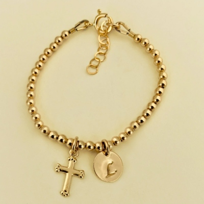 Custom Initial Cross Bracelet, Baby Cross Bracelet, Sterling Silver 925 Bracelet in Gold, Baby Shower/Baptism Gift for Newborn/Toddlers/Kids/Teens