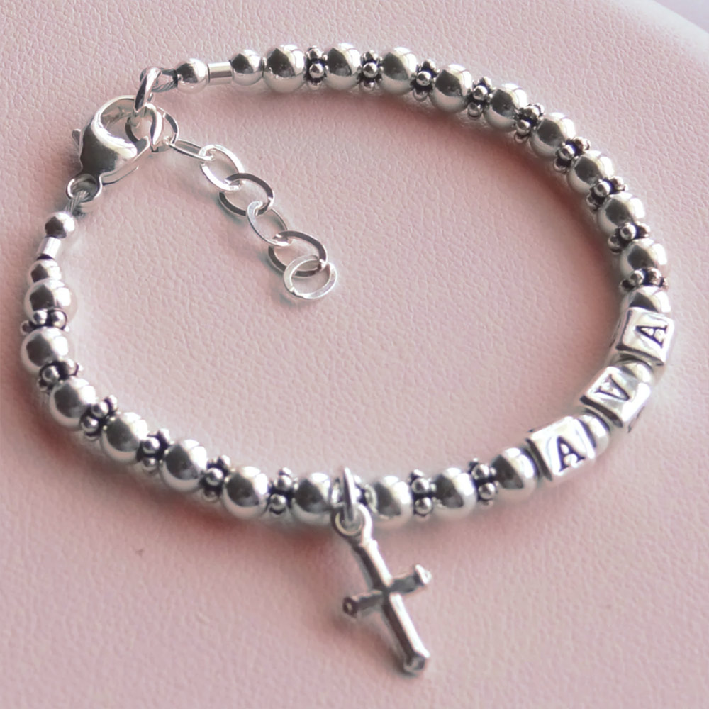 Pulseira personalizada com nome de cruz, pulseira de prata esterlina 925 miçangas, pulseira de miçangas com nome, presente de batismo para bebê/menino/menina