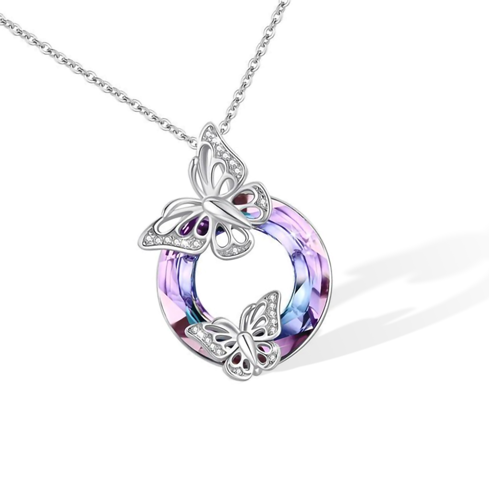 Crystal Butterfly Necklace, Two Butterflies on a Hollow Circle Pendant ...