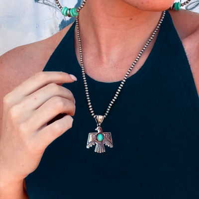 Turquoise Thunderbird & Navajo Pearl Necklace, Bohemian Western Ranch Style Pendant Stainless Steel Necklace, Boho Jewelry Gift for Women and Girls