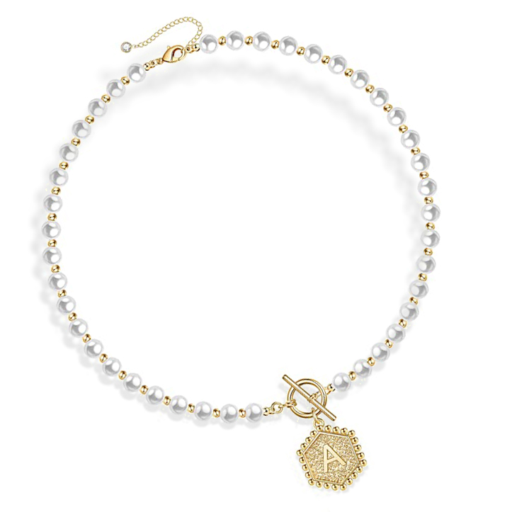 Custom Initial Choker Pearl Necklace, Initial Coin Letter AZ Pendant
