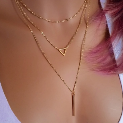 Gold Layering Necklace, 3 Layered Necklace, Triangle Pendant Necklace, Bar Necklace, Stacked Necklace, Gift for Girl/Wife/Friends