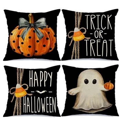 (4 Packs)Trick or Treat Pumpkin Ghost Throw Pillow Covers
