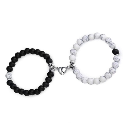 Kenivira Bracciali Da Coppia In Pietra Naturale Con Perline Elasticizzate – Bianco E Nero, Regalo Simbolico Per Fidanzati E Sposi