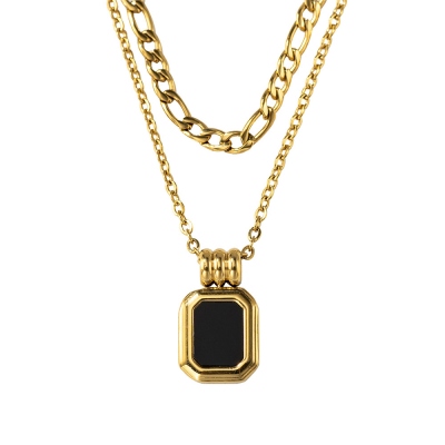 Collier en couches de style vintage avec pendentif en pierres précieuses noires, collier multicouche en acier inoxydable, cadeau de bijoux pour femmes adolescentes