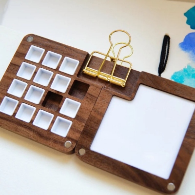 Custom Name Walnut Wood Portable Watercolor Palette