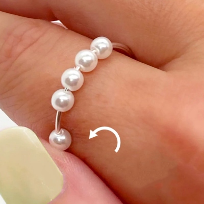 Pearl Anxiety Ring Fidget Ring, Adjustable Beaded Spinner Ring for Stress Relief Anti Worry, Sterling Silver Ring, Gift for Women/Girls/Mom/Friends