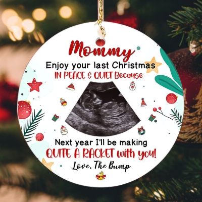 Goditi il tuo ultimo Natale in pace e tranquillità, ornamento personalizzato per l'annuncio della gravidanza con foto, regalo di Natale per la futura mamma dal pancione