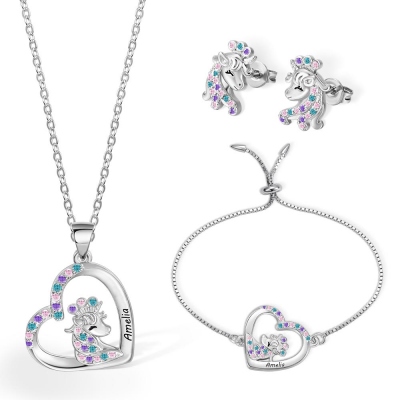 Custom Name Unicorn Jewelry Set, Unicorn Necklace/Stud Earring/Bracelet, Unicorn Jewelry for Girls, Birthday Gift for Daughter/Granddaughter