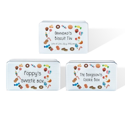 Personalized Biscuits Tin with Cute Candy Dessert Pattern, Cookie Jar Sweet Box Storage Tin Gifts for Grandad/Grandma/Nana/Mum/Dad