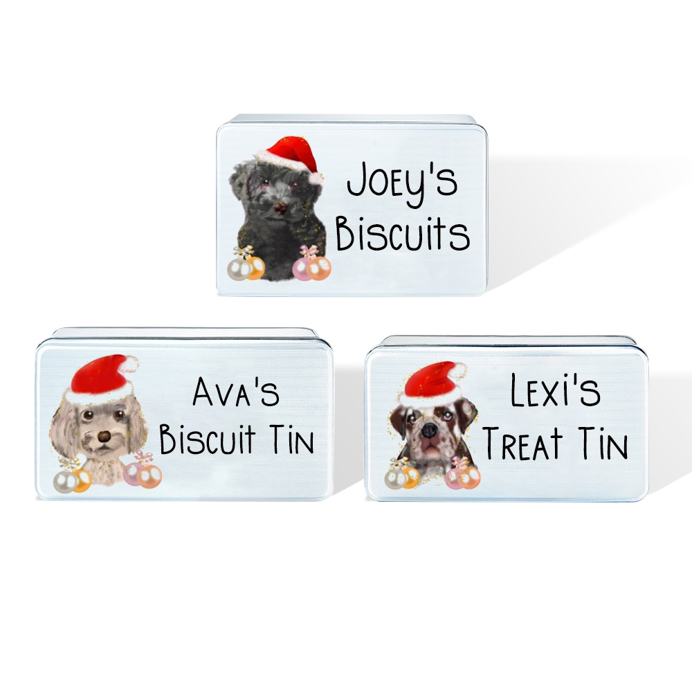 Lata de biscoito personalizada com padrões de cachorro, lata de comida de cachorro, lata de deleite de natal, presentes de natal para animais de estimação, lata de armazenamento, presente para cães
