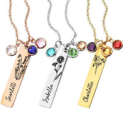 Personalized Birth Flower Necklaces with Name, Engraved Birth Flower Necklaces, Customized Birthstone Necklace, Gifts for Mom/Grandma