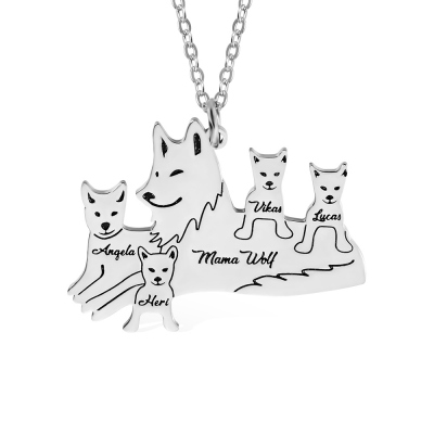 Collier loup personnalisé, collier maman loup avec 1 à 8 noms, collier en acier inoxydable, cadeau de famille pour mère/grand-mère